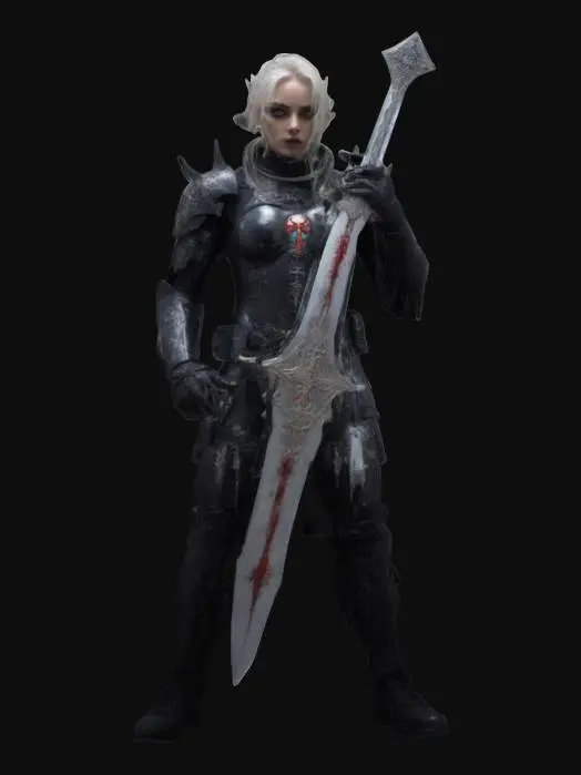 3D model for A fierce yet alluring exorcist soldier in a tight, tactical black bodysuit with holy symbols and armor plates. She wields a glowing silver sword in one hand and a blessed firearm in the other. Her flowing hair moves as she stands fearless in a ruined gothic city, surrounded by bloodthirsty vampires and grotesque zombies. Enchanted sigils glow around her, radiating divine power as she fights back with grace and fury., #game figure#