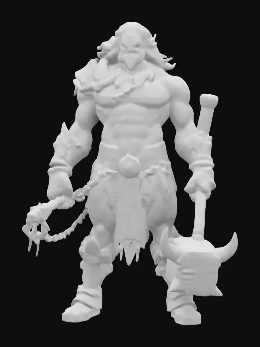 3D model for A towering, battle-scarred warrior with divine strength, wielding massive iron chains and a colossal warhammer. His muscular body is covered in sacred tattoos glowing with celestial energy. With long, wild hair and burning eyes, he stands unshaken amidst the ruins of a fallen temple, ready to crush enemies with godlike fury. The ground trembles beneath his mighty footsteps as he prepares to strike., #game figure#