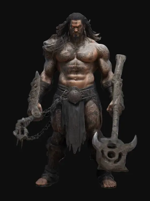 3D model for A towering, battle-scarred warrior with divine strength, wielding massive iron chains and a colossal warhammer. His muscular body is covered in sacred tattoos glowing with celestial energy. With long, wild hair and burning eyes, he stands unshaken amidst the ruins of a fallen temple, ready to crush enemies with godlike fury. The ground trembles beneath his mighty footsteps as he prepares to strike., #game figure#