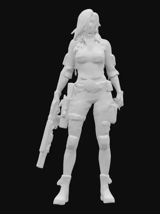 3D model for A stunning yet battle-hardened exorcist soldier, wearing a tight, torn combat shirt tied above her waist, revealing her toned midriff. Tactical pants, holsters, and armored gloves complete her look. She wields a silver-plated shotgun and a blessed combat knife, her dog tags glinting in the moonlight. Surrounded by feral vampires and rotting zombies in a ruined city, she fights with precision, holy sigils glowing on her gear as she holds the line., #game figure#