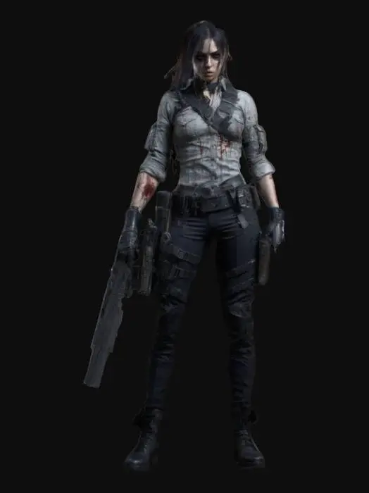3D model for A stunning yet battle-hardened exorcist soldier, wearing a tight, torn combat shirt tied above her waist, revealing her toned midriff. Tactical pants, holsters, and armored gloves complete her look. She wields a silver-plated shotgun and a blessed combat knife, her dog tags glinting in the moonlight. Surrounded by feral vampires and rotting zombies in a ruined city, she fights with precision, holy sigils glowing on her gear as she holds the line., #game figure#