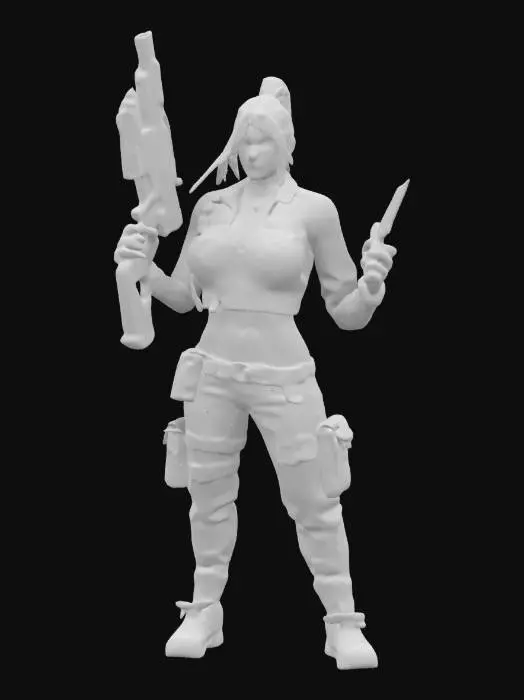 3D model for A stunning yet battle-hardened exorcist soldier, wearing a tight, torn combat shirt tied above her waist, revealing her toned midriff. Tactical pants, holsters, and armored gloves complete her look. She wields a silver-plated shotgun and a blessed combat knife, her dog tags glinting in the moonlight. Surrounded by feral vampires and rotting zombies in a ruined city, she fights with precision, holy sigils glowing on her gear as she holds the line., #game figure#
