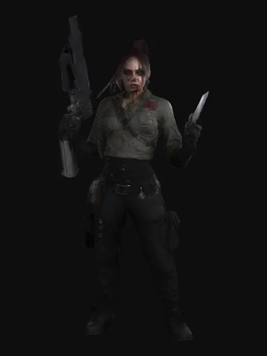3D model for A stunning yet battle-hardened exorcist soldier, wearing a tight, torn combat shirt tied above her waist, revealing her toned midriff. Tactical pants, holsters, and armored gloves complete her look. She wields a silver-plated shotgun and a blessed combat knife, her dog tags glinting in the moonlight. Surrounded by feral vampires and rotting zombies in a ruined city, she fights with precision, holy sigils glowing on her gear as she holds the line., #game figure#