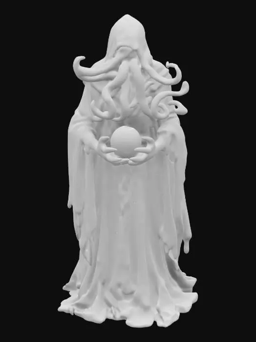 3D model for A menacing, eldritch sorcerer with an octopus-like head, glowing sinister eyes, and writhing tentacles. It wears tattered robes adorned with mystical symbols and a golden amulet. In its clawed hands, it conjures a glowing orb of dark energy. The background is a foggy, eerie cavern filled with grotesque, monstrous humanoids wielding crude weapons, and strange, bioluminescent mushrooms growing in the shadows. #game figure#