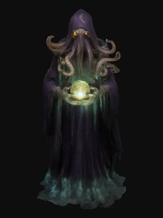 3D model for A menacing, eldritch sorcerer with an octopus-like head, glowing sinister eyes, and writhing tentacles. It wears tattered robes adorned with mystical symbols and a golden amulet. In its clawed hands, it conjures a glowing orb of dark energy. The background is a foggy, eerie cavern filled with grotesque, monstrous humanoids wielding crude weapons, and strange, bioluminescent mushrooms growing in the shadows. #game figure#