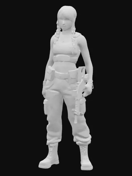 3D model for A fit, athletic 3D young female Ukrainian soldier with a toned, exposed midriff, muscular yet feminine build, strong legs, and hips. She wears a tactical vest over a cropped top, military-style cargo pants, and fingerless gloves. Her long hair is braided or tied back, and she carries an assault rifle or sidearm with confidence. Overhead lighting enhances clean topology, natural proportions, and high detail in a Tomb Raider art style., #game figure#