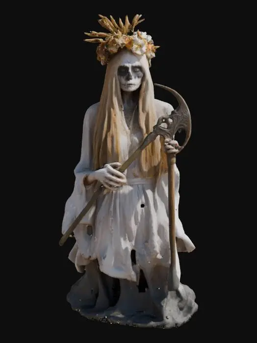 3D model for Południca, the Slavic spirit of the fields, depicted as an eerie yet elegant woman with pale skin and long, flowing blonde hair. She wears a white, weathered gown and a crown of wheat and flowers. Her face is painted with haunting, skeletal patterns, and she holds a sharp, ornate sickle. The setting is a vast golden wheat field under a cloudy sky, blending ethereal beauty with a sense of foreboding.
, #game figure#