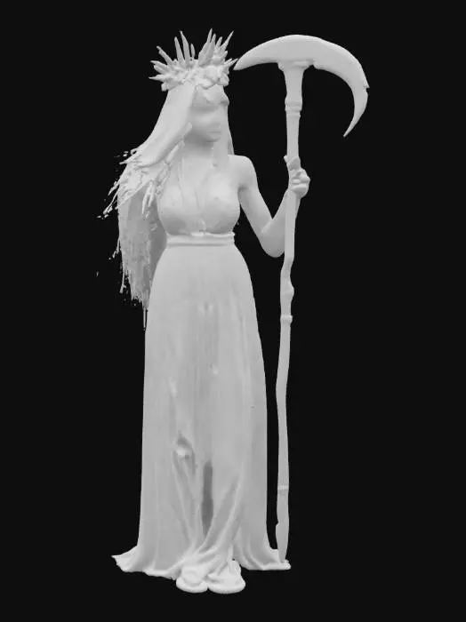 3D model for Południca, the Slavic spirit of the fields, depicted as an eerie yet elegant woman with pale skin and long, flowing blonde hair. She wears a white, weathered gown and a crown of wheat and flowers. Her face is painted with haunting, skeletal patterns, and she holds a sharp, ornate sickle. The setting is a vast golden wheat field under a cloudy sky, blending ethereal beauty with a sense of foreboding.
, #game figure#