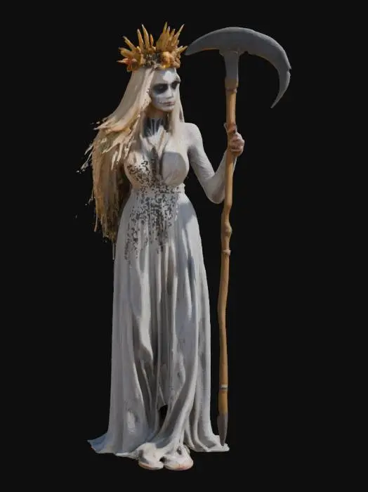 3D model for Południca, the Slavic spirit of the fields, depicted as an eerie yet elegant woman with pale skin and long, flowing blonde hair. She wears a white, weathered gown and a crown of wheat and flowers. Her face is painted with haunting, skeletal patterns, and she holds a sharp, ornate sickle. The setting is a vast golden wheat field under a cloudy sky, blending ethereal beauty with a sense of foreboding.
, #game figure#