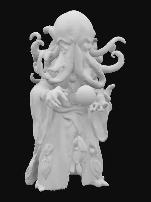 3D model for A menacing, eldritch sorcerer with an octopus-like head, glowing sinister eyes, and writhing tentacles. It wears tattered robes adorned with mystical symbols and a golden amulet. In its clawed hands, it conjures a glowing orb of dark energy. The background is a foggy, eerie cavern filled with grotesque, monstrous humanoids wielding crude weapons, and strange, bioluminescent mushrooms growing in the shadows. #game figure#
, #game figure#