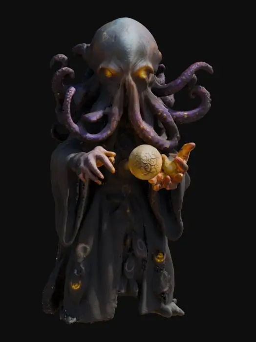 3D model for A menacing, eldritch sorcerer with an octopus-like head, glowing sinister eyes, and writhing tentacles. It wears tattered robes adorned with mystical symbols and a golden amulet. In its clawed hands, it conjures a glowing orb of dark energy. The background is a foggy, eerie cavern filled with grotesque, monstrous humanoids wielding crude weapons, and strange, bioluminescent mushrooms growing in the shadows. #game figure#
, #game figure#