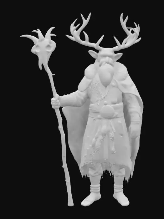 3D model for The Guślarz, an ancient shaman dressed in ritualistic dusty robes decorated with beads and talismans. He wears a small headdress made of a trophy deer antler, symbolizing his connection to nature. In one hand he holds a twisted wooden staff topped with a goat skull and smaller antlers. His coat is covered with layers of animal skins. The figure should have a mystical, slightly dark and wise expression on his face, standing in a dark forest with a faint mystical light.
, #game figure#