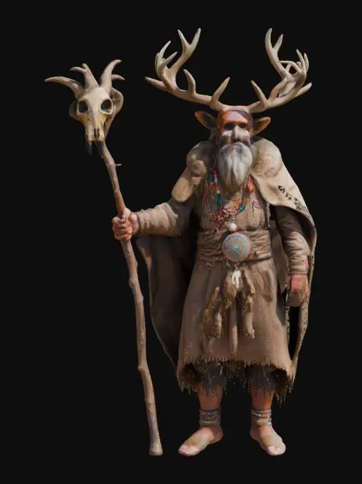 3D model for The Guślarz, an ancient shaman dressed in ritualistic dusty robes decorated with beads and talismans. He wears a small headdress made of a trophy deer antler, symbolizing his connection to nature. In one hand he holds a twisted wooden staff topped with a goat skull and smaller antlers. His coat is covered with layers of animal skins. The figure should have a mystical, slightly dark and wise expression on his face, standing in a dark forest with a faint mystical light.
, #game figure#
