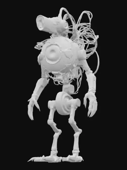 3D model for A highly detailed 3D model of a biomechanical creature with a fusion of organic and robotic elements. The central body is a large, realistic eyeball encased in a metallic, cybernetic frame with glowing wires and mechanical components. Instead of a head, a heavy industrial drill or weapon extends forward. The creature has muscular, bird-like legs with exposed tendons and cybernetic enhancements. A dark, dystopian sci-fi aesthetic., #game figure#