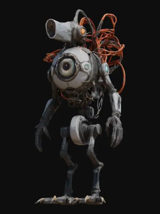 3D model for A highly detailed 3D model of a biomechanical creature with a fusion of organic and robotic elements. The central body is a large, realistic eyeball encased in a metallic, cybernetic frame with glowing wires and mechanical components. Instead of a head, a heavy industrial drill or weapon extends forward. The creature has muscular, bird-like legs with exposed tendons and cybernetic enhancements. A dark, dystopian sci-fi aesthetic., #game figure#
