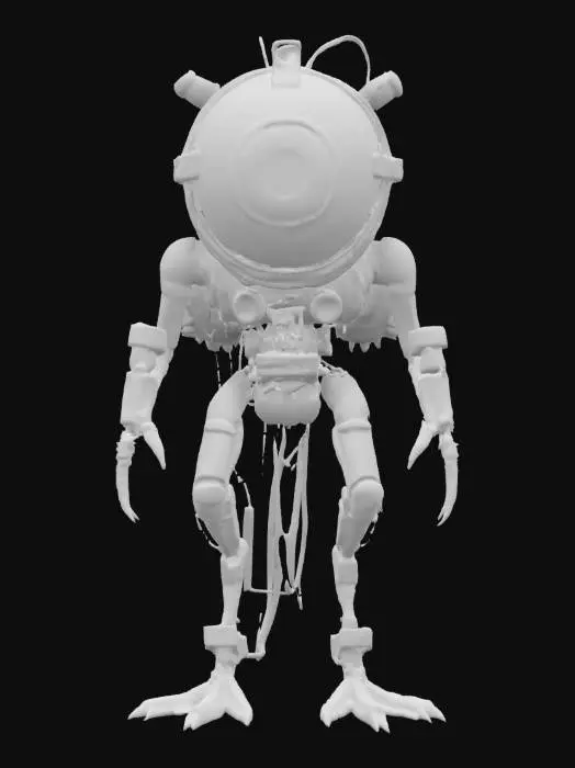 3D model for A highly detailed 3D model of a biomechanical creature with a fusion of organic and robotic elements. The central body is a large, realistic eyeball encased in a metallic, cybernetic frame with glowing wires and mechanical components. Instead of a head, a heavy industrial drill or weapon extends forward. The creature has muscular, bird-like legs with exposed tendons and cybernetic enhancements. A dark, dystopian sci-fi aesthetic., #game figure#