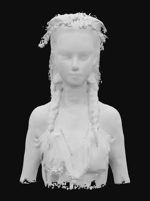 3D model for Tribal spirit, with fiery red hair, a crown of wheat and lavender, and pale skin adorned with tattoos. Her tattered dress flows like wind-blown cloth, revealing her haunting yet beautiful form. She has a mischievous, sinister expression and glowing eyes. Styled in a mystical aesthetic.
