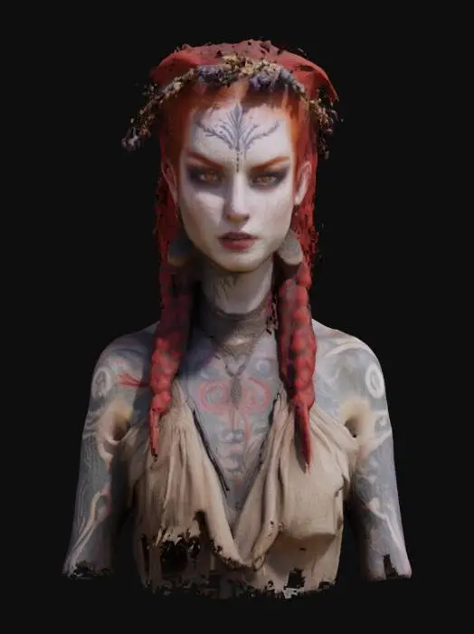 3D model for Tribal spirit, with fiery red hair, a crown of wheat and lavender, and pale skin adorned with tattoos. Her tattered dress flows like wind-blown cloth, revealing her haunting yet beautiful form. She has a mischievous, sinister expression and glowing eyes. Styled in a mystical aesthetic.

