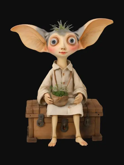 3D model for Design a Slavic house spirit – Uboże. Small humanoid figure with large eyes, linen shirt, and a pouch of herbs. Helpful and kind, sitting near a stove or hiding behind a wooden chest. Rustic and humble, with magical charm and folk textures. , #fairy#