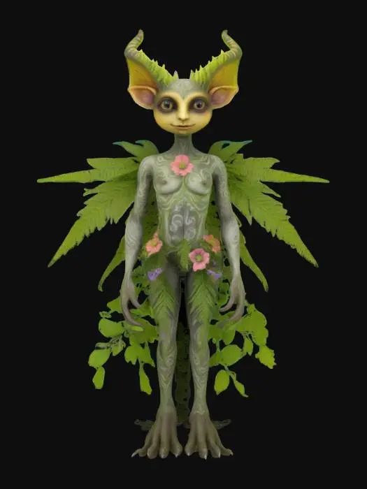 3D model for Create a companion creature born from a magical Slavic plant. Perhaps a guardian spirit of fern flowers, or a mischievous being from belladonna roots. Let folklore and forgotten rituals bloom into life., #garden#