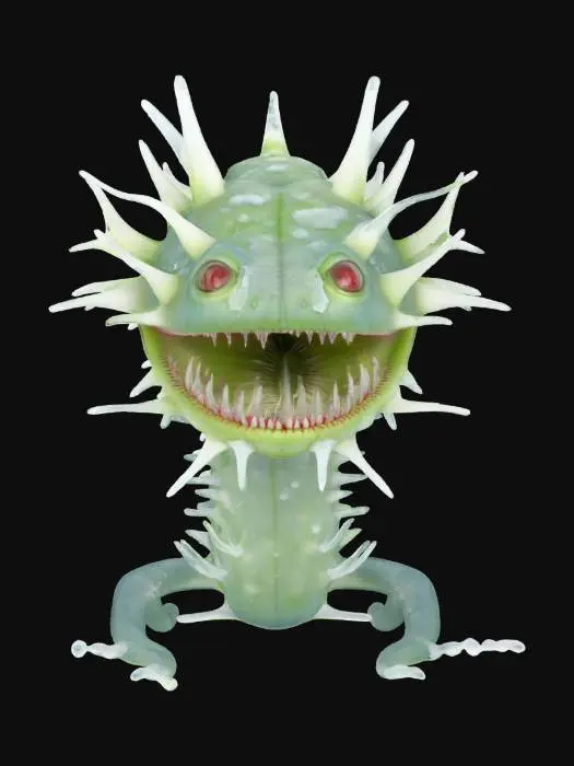 3D model for "A giant, realistic ice-adapted Venus flytrap in a frozen tundra. Its thick, pale-blue leaves are rimmed with frost, lined with sharp, translucent teeth resembling icicles. The plant exhales a faint mist from its open trap, and the surrounding snow is disturbed by signs of movement. Hyper-realistic, natural lighting, photoreal botanical texture. , #garden#