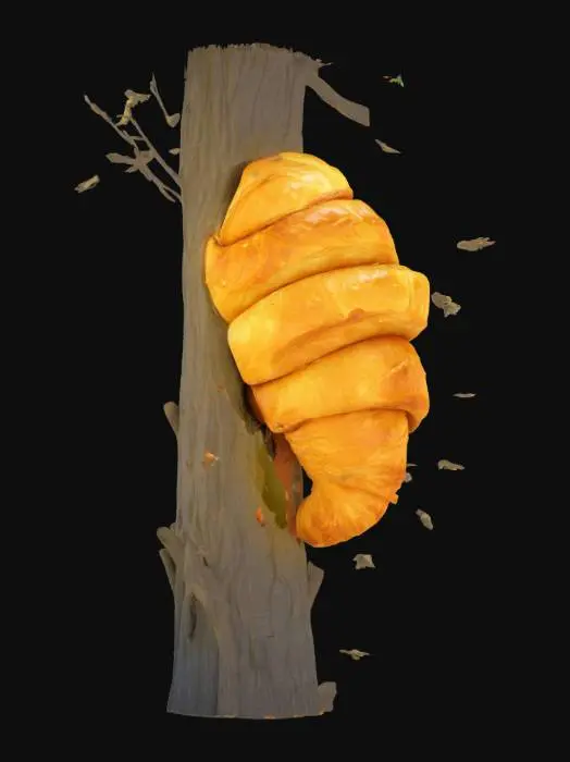 3D model for [France] A giant golden croissant clings mysteriously to a tall tree, mistaken for an unknown creature. Light glints off its flaky surface as birds cautiously circle it, unsure if it’s food or a forest spirit. #AroundTheWorld#