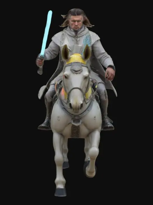 3D model for [Zaporizhzhia] Futuristic Cossack warrior riding a mechanical horse, wearing a high-tech armored coat with traditional Ukrainian patterns. Wields a glowing cyber-saber. Windswept hair, fierce expression, dynamic pose on a ruined battlefield under a stormy sky. Concept art, cinematic, detailed., #AroundTheWorld#, 
