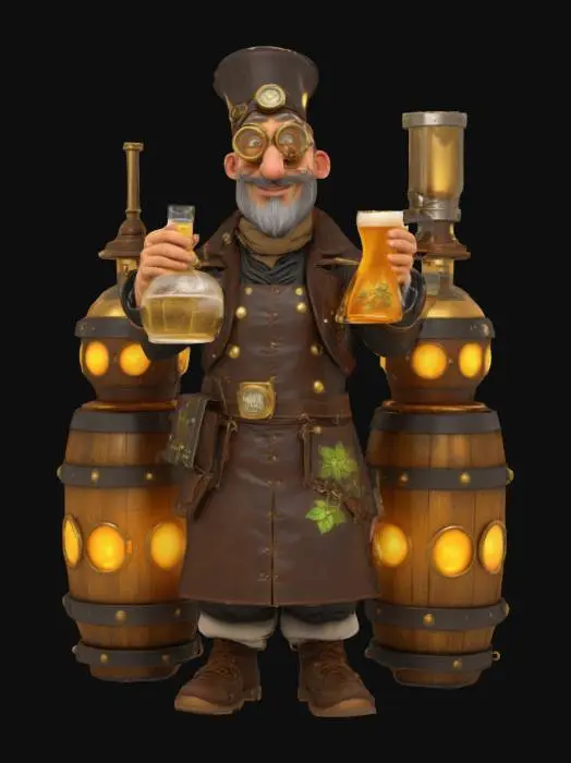 3D model for [Prague] A whimsical steampunk alchemist inspired by Czech brewing tradition. He wears a leather apron, brass goggles, and a coat with beer hops embroidery. Surrounded by glowing alembics and magical beer barrels. Holding a bubbling golden flask. Cheerful, wise expression. Warm tavern lighting. Concept art, detailed., #AroundTheWorld#