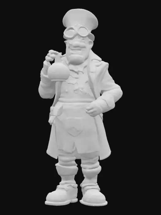 3D model for [Prague] A whimsical steampunk alchemist inspired by Czech brewing tradition. He wears a leather apron, brass goggles, and a coat with beer hops embroidery. Surrounded by glowing alembics and magical beer barrels. Holding a bubbling golden flask. Cheerful, wise expression. Warm tavern lighting. Concept art, detailed., #AroundTheWorld#