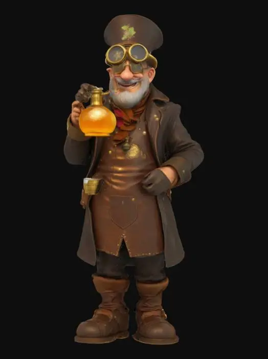 3D model for [Prague] A whimsical steampunk alchemist inspired by Czech brewing tradition. He wears a leather apron, brass goggles, and a coat with beer hops embroidery. Surrounded by glowing alembics and magical beer barrels. Holding a bubbling golden flask. Cheerful, wise expression. Warm tavern lighting. Concept art, detailed., #AroundTheWorld#