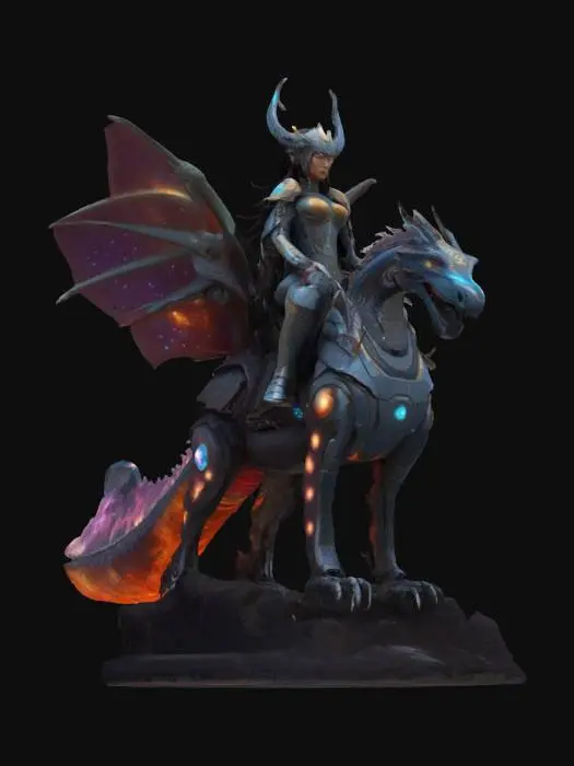 3D model for A lone cosmic Valkyrie warrior riding a bio-mechanical dragon across a nebula-lit galaxy. Her armor blends Mongolian design with sci-fi aesthetics, glowing with runes. Behind her, distant planets and a comet streak through space. Cinematic lighting, ultra-detailed textures. [Mongolia], #AroundTheWorld#