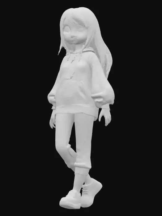 3D model for #ocean#, anime ocean woman, Medium-length straight hair with soft, sparkling teal eyes that shimmer like the ocean, a delicate heart-shaped face with a cute button nose and a warm smile, a headband decorated with tiny flowers, loose, oversized hoodie in a light lavender adorned with playful doodles, a pair of comfy joggers in a soft cream color with whimsical patterns, knee-high socks with stripes in pastel shades, and stylish sneakers with glitter accents, layered necklaces and colorful bracelets