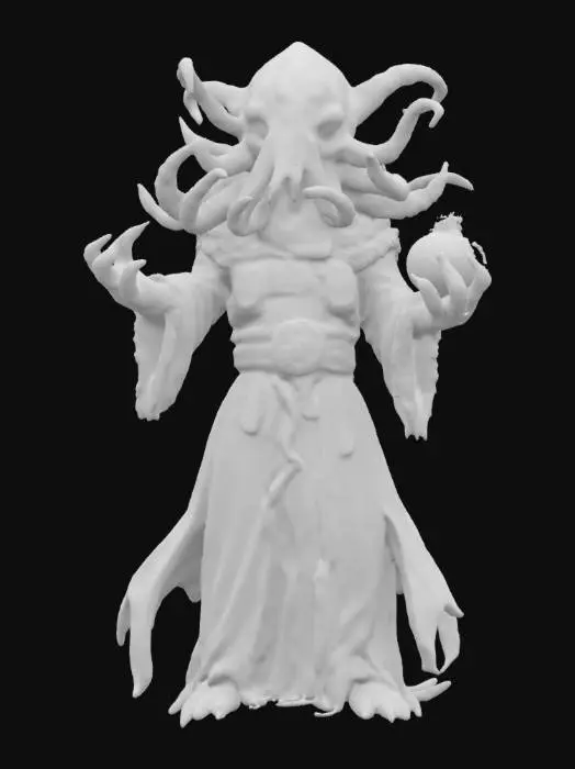 3D model for A menacing, eldritch sorcerer with an octopus-like head, glowing sinister eyes, and writhing tentacles. It wears tattered robes adorned with mystical symbols and a golden amulet. In its clawed hands, it conjures a glowing orb of dark energy. The background is a foggy, eerie cavern filled with grotesque, monstrous humanoids wielding crude weapons, and strange, bioluminescent mushrooms growing in the shadows.
, #ocean#