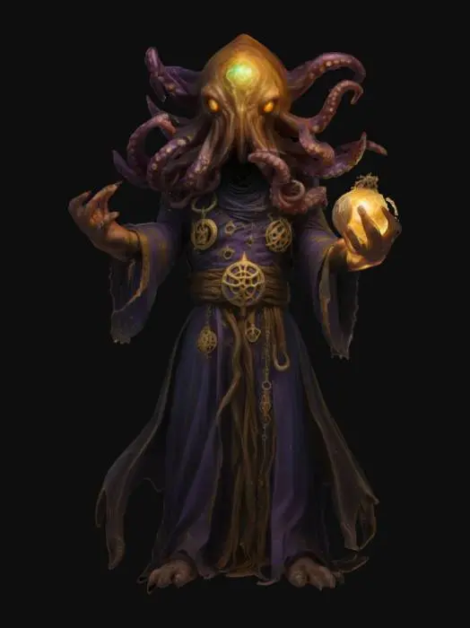 3D model for A menacing, eldritch sorcerer with an octopus-like head, glowing sinister eyes, and writhing tentacles. It wears tattered robes adorned with mystical symbols and a golden amulet. In its clawed hands, it conjures a glowing orb of dark energy. The background is a foggy, eerie cavern filled with grotesque, monstrous humanoids wielding crude weapons, and strange, bioluminescent mushrooms growing in the shadows.
, #ocean#