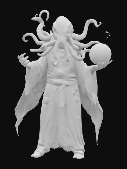 3D model for A menacing, eldritch sorcerer with an octopus-like head, glowing sinister eyes, and writhing tentacles. It wears tattered robes adorned with mystical symbols and a golden amulet. In its clawed hands, it conjures a glowing orb of dark energy. The background is a foggy, eerie cavern filled with grotesque, monstrous humanoids wielding crude weapons, and strange, bioluminescent mushrooms growing in the shadows.
, #ocean#