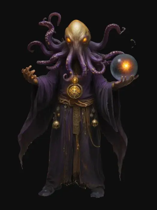 3D model for A menacing, eldritch sorcerer with an octopus-like head, glowing sinister eyes, and writhing tentacles. It wears tattered robes adorned with mystical symbols and a golden amulet. In its clawed hands, it conjures a glowing orb of dark energy. The background is a foggy, eerie cavern filled with grotesque, monstrous humanoids wielding crude weapons, and strange, bioluminescent mushrooms growing in the shadows.
, #ocean#