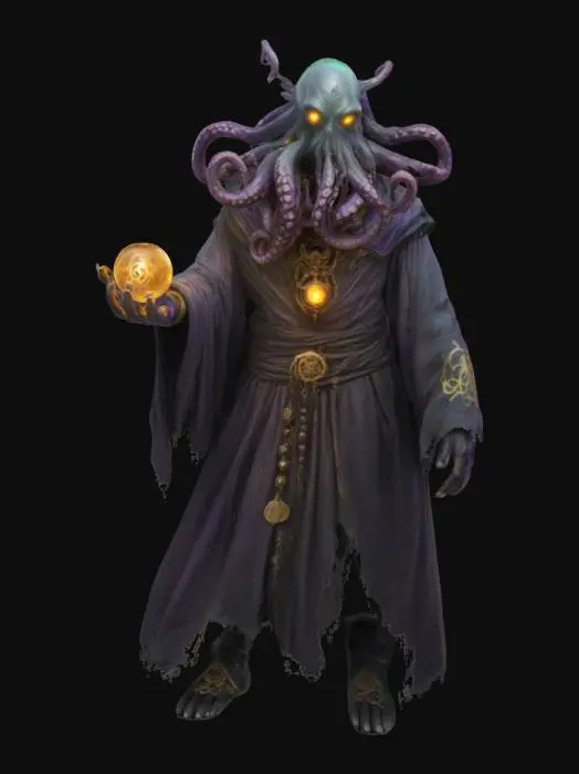 3D model for A menacing, eldritch sorcerer with an octopus-like head, glowing sinister eyes, and writhing tentacles. It wears tattered robes adorned with mystical symbols and a golden amulet. In its clawed hands, it conjures a glowing orb of dark energy. The background is a foggy, eerie cavern filled with grotesque, monstrous humanoids wielding crude weapons, and strange, bioluminescent mushrooms growing in the shadows.
, #ocean#
