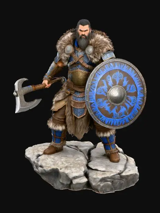 3D model for A fierce Slavic warrior chieftain wearing traditional fur-lined armor and engraved bronze plates, holding a decorated battle axe and a round wooden shield with runic patterns, standing atop a snowy cliff with storm clouds overhead.