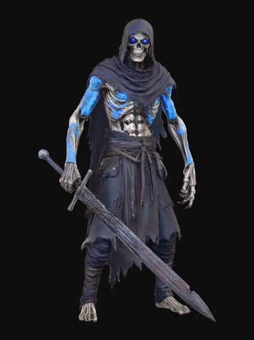 3D model for Realistyczny model 3D złowrogiego Upiora, słowiańskiego nieumarłego wojownika. Ubrany w podarte średniowieczne łachmany, z żarzącymi się oczami, kościstymi palcami i rdzą na starym mieczu. Skóra blada, poszarzała, a wokół niego delikatna mgła i runiczne tatuaże na ciele., #villain#