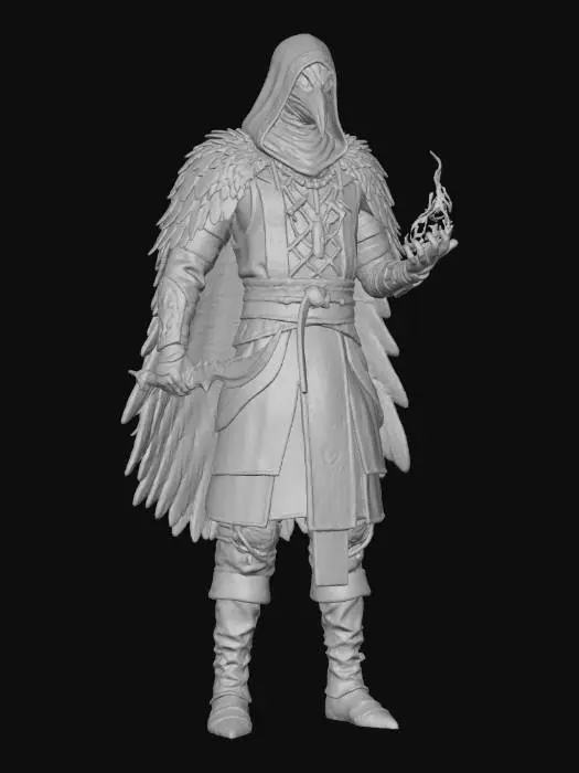 3D model for Realistyczny model 3D słowiańskiego łotrzyka-magika – tajemniczy, skryty w cieniu, z długim kapturzem wyszywanym słowiańskimi runami. W jednej ręce trzyma zakrzywiony nóż z magicznymi symbolami, w drugiej błękitno-zielony ogień. Ubranie to mieszanka skórzanych pancerzy i rytualnych szat, z naszyjnikami z kości i bursztynu. Na twarzy maska zakrywająca oczy i nos, przypominająca ptasi dziób, na ramionach krótka peleryna z piór kruka. Aura otaczająca postać: mgła i wirujące drobne iskry runicznej energii. Kolorystyka: ciemna z akcentami turkusu i bursztynu., #villain#