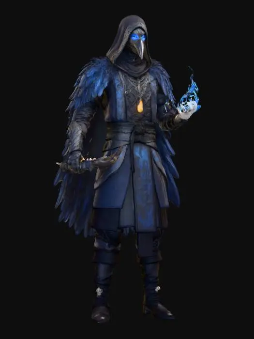 3D model for Realistyczny model 3D słowiańskiego łotrzyka-magika – tajemniczy, skryty w cieniu, z długim kapturzem wyszywanym słowiańskimi runami. W jednej ręce trzyma zakrzywiony nóż z magicznymi symbolami, w drugiej błękitno-zielony ogień. Ubranie to mieszanka skórzanych pancerzy i rytualnych szat, z naszyjnikami z kości i bursztynu. Na twarzy maska zakrywająca oczy i nos, przypominająca ptasi dziób, na ramionach krótka peleryna z piór kruka. Aura otaczająca postać: mgła i wirujące drobne iskry runicznej energii. Kolorystyka: ciemna z akcentami turkusu i bursztynu., #villain#