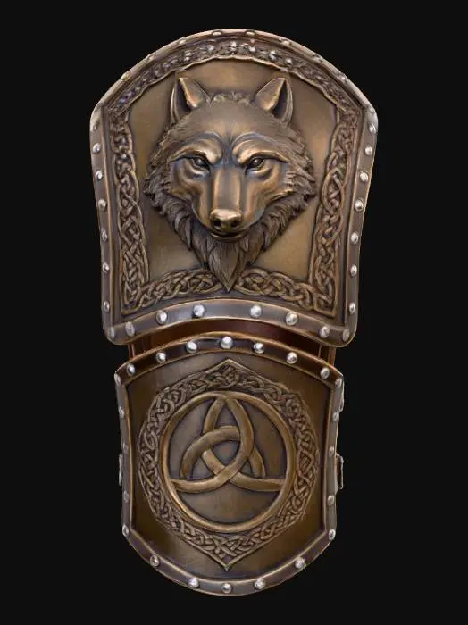 3D model for Create a detailed 3D model of a curved two-part Slavic leather forearm armor ready to wear. Top: shaped to wrap around a human forearm (25×20.5 cm area), dark brown aged leather with embossed wolf head and geometric knotwork, rivets along edges. Bottom: 12×10 cm same leather with triquetra and knotwork, riveted border, connected as a cuff. Realistic PBR textures (leather, metal), clean topology, neutral studio lighting, no background. Optimized for rigging, animation, and in-game use.