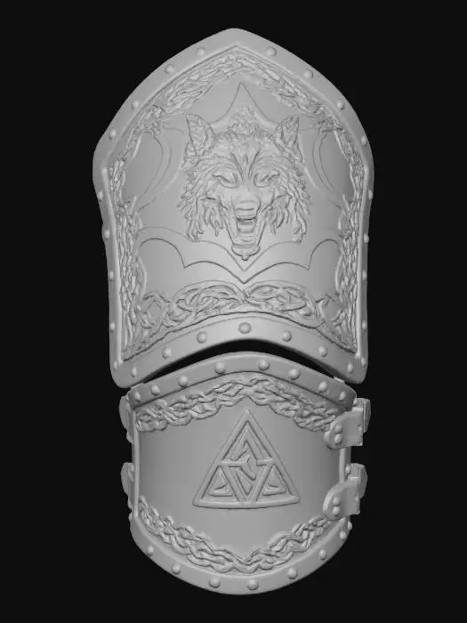 3D model for Create a detailed 3D model of a curved two-part Slavic leather forearm armor ready to wear. Top: shaped to wrap around a human forearm (25×20.5 cm area), dark brown aged leather with embossed wolf head and geometric knotwork, rivets along edges. Bottom: 12×10 cm same leather with triquetra and knotwork, riveted border, connected as a cuff. Realistic PBR textures (leather, metal), clean topology, neutral studio lighting, no background. Optimized for rigging, animation, and in-game use.