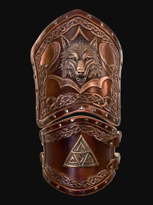 3D model for Create a detailed 3D model of a curved two-part Slavic leather forearm armor ready to wear. Top: shaped to wrap around a human forearm (25×20.5 cm area), dark brown aged leather with embossed wolf head and geometric knotwork, rivets along edges. Bottom: 12×10 cm same leather with triquetra and knotwork, riveted border, connected as a cuff. Realistic PBR textures (leather, metal), clean topology, neutral studio lighting, no background. Optimized for rigging, animation, and in-game use.