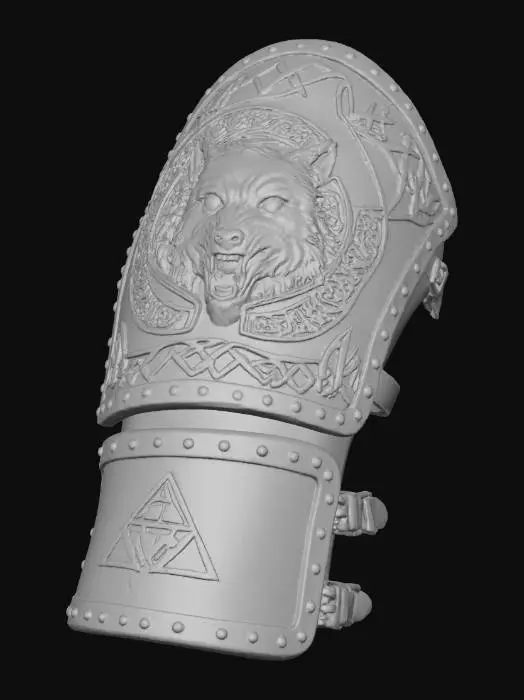 3D model for Create a detailed 3D model of a curved two-part Slavic leather forearm armor ready to wear. Top: shaped to wrap around a human forearm (25×20.5 cm area), dark brown aged leather with embossed wolf head and geometric knotwork, rivets along edges. Bottom: 12×10 cm same leather with triquetra and knotwork, riveted border, connected as a cuff. Realistic PBR textures (leather, metal), clean topology, neutral studio lighting, no background. Optimized for rigging, animation, and in-game use.