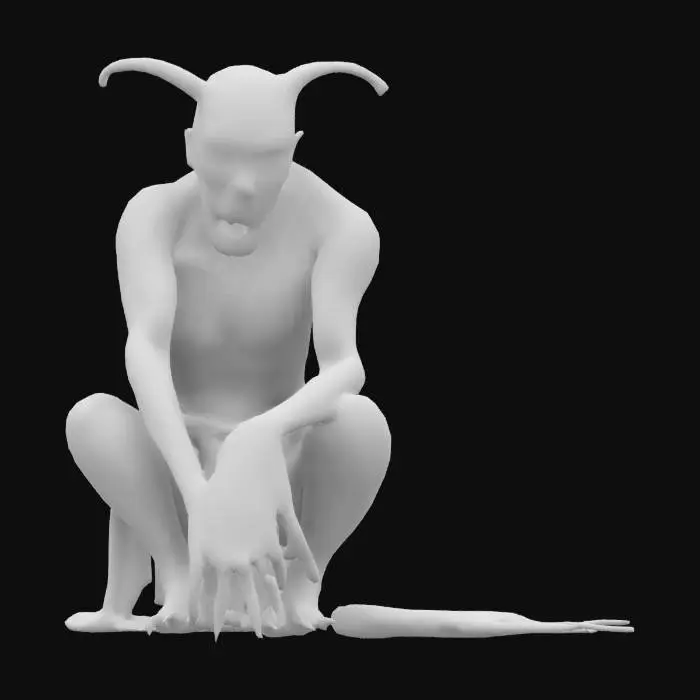 3D model for Poroniec, a haunting Slavic spirit, depicted as a small, twisted, and pale humanoid figure with sunken eyes glowing faintly red. Its emaciated body is wrapped in tattered cloth, and it exudes an aura of sorrow and malice. Styled with an eerie, unsettling atmosphere, it crouches in a shadowy forest clearing, surrounded by fog and faint whispers in the air.