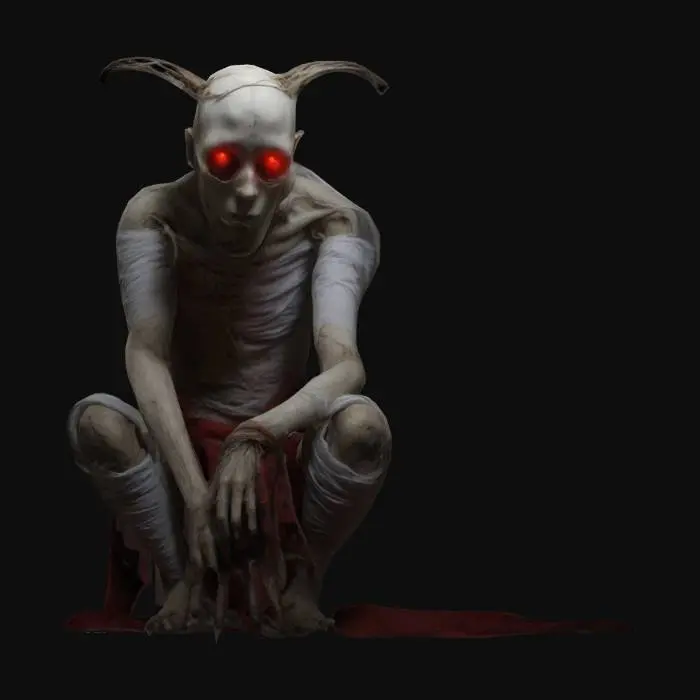3D model for Poroniec, a haunting Slavic spirit, depicted as a small, twisted, and pale humanoid figure with sunken eyes glowing faintly red. Its emaciated body is wrapped in tattered cloth, and it exudes an aura of sorrow and malice. Styled with an eerie, unsettling atmosphere, it crouches in a shadowy forest clearing, surrounded by fog and faint whispers in the air.