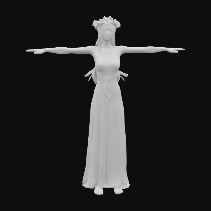 3D model for Slavic virgin in T-pose, inspired by the traditional Kupala Night festival. She has long, flowing hair topped with a wreath of field flowers. She is dressed in a simple, airy white gown with delicate folds of fabric. Her design should evoke a mystical atmosphere, as if emerging from a moonlit lake, symbolizing purity and connection with nature. Provide realistic textures and soft lighting to reflect a serene twilight scene