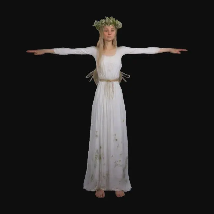 3D model for Slavic virgin in T-pose, inspired by the traditional Kupala Night festival. She has long, flowing hair topped with a wreath of field flowers. She is dressed in a simple, airy white gown with delicate folds of fabric. Her design should evoke a mystical atmosphere, as if emerging from a moonlit lake, symbolizing purity and connection with nature. Provide realistic textures and soft lighting to reflect a serene twilight scene