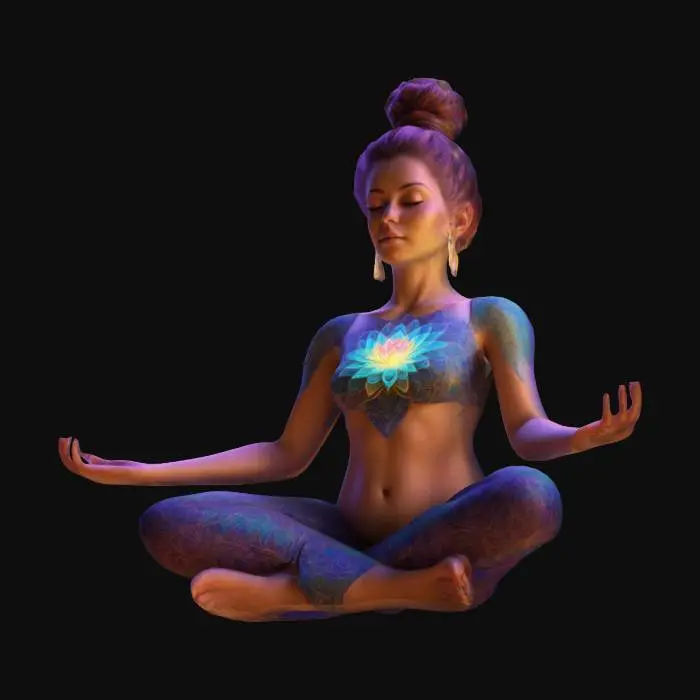 3D model for Highly detailed 3D model of a meditating woman in a lotus pose. She has glowing energy radiating from her chest in the form of a vibrant, radiant mandala. Surround her with an ethereal, mystical aura and intricate geometric patterns in the background. Her hair is tied in a high bun, and the lighting should emphasize the colorful energy waves emanating from her body. Use a futuristic and spiritual aesthetic with a balance of soft and bright neon colors., Ultra Realistic